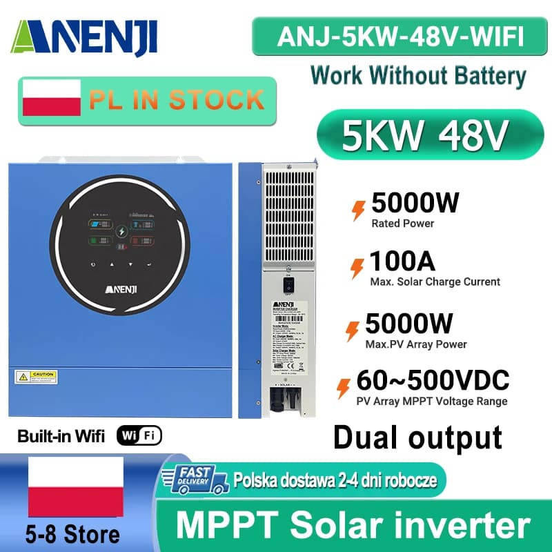ANENJI 5KW 48V 4KW Dual output Hybrid Solar Inverter 100A MPPT Pure Sine Wave Solar Controller Dual Input PV 500VDC with WiFi