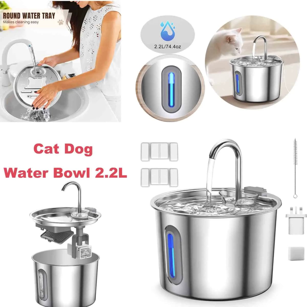 BRIEFNESS 2.2L Cat Dog Water Bowl, Circulating Pet Water Fountain with Triple Filtration System, Ultra Quiet Pump & LED Indicator for Cats & Small Dogs
