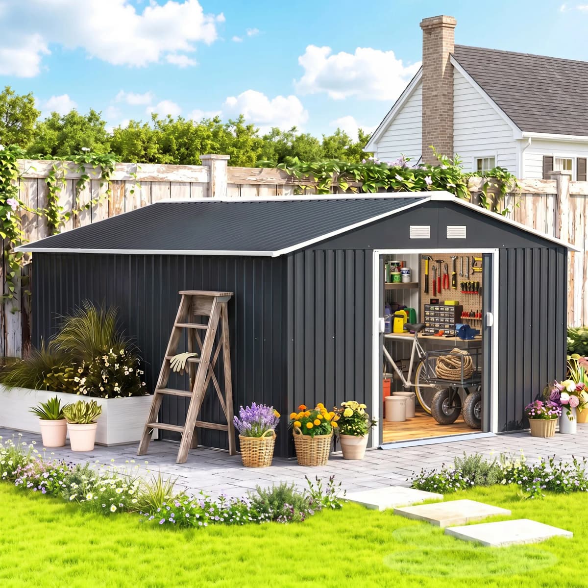 Outsunny 13 x 11ft Metal Garden Shed, Outdoor Storage Tool House with Ventilation Slots, Grey