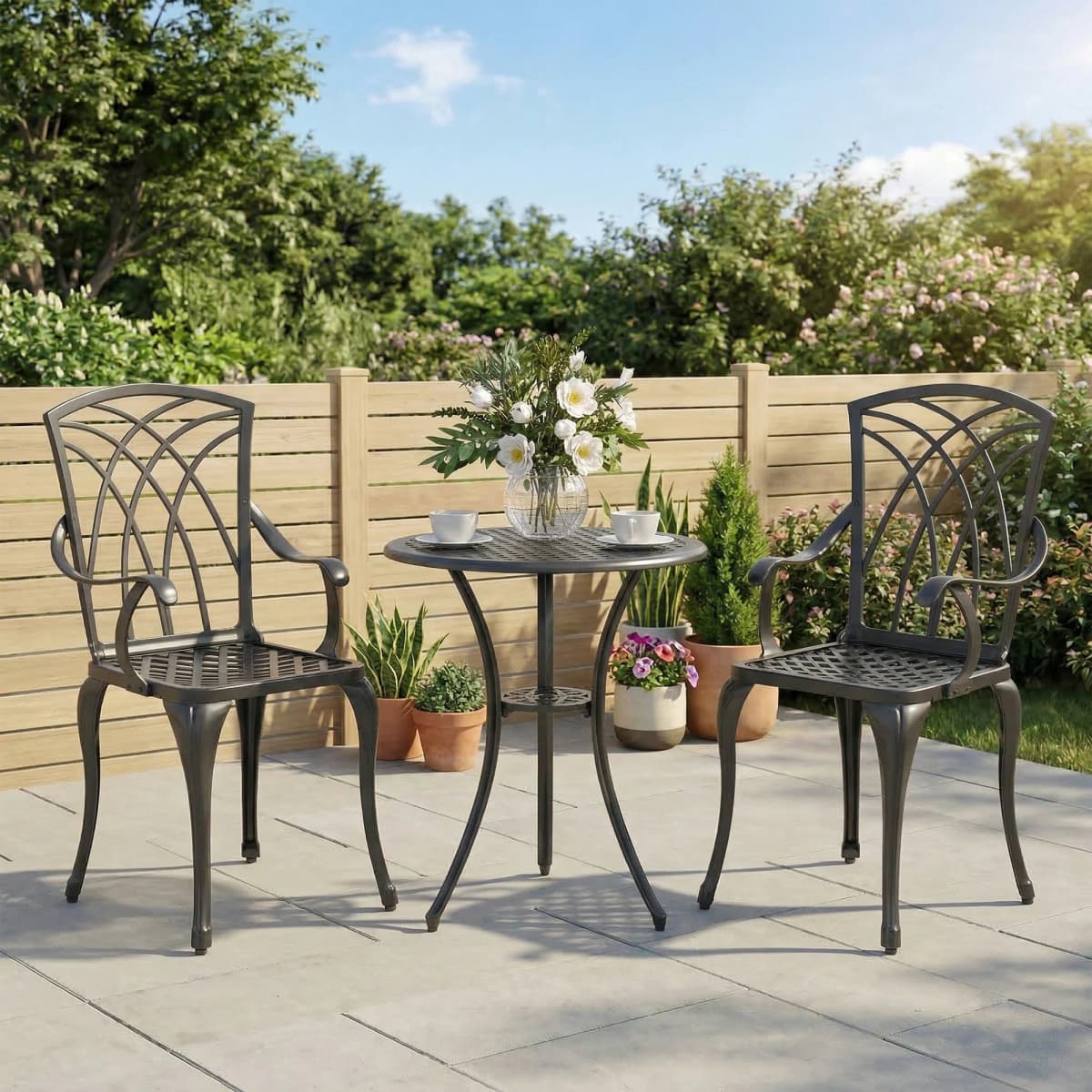Outsunny 3 Pieces Garden Dining Set for 2, Cast Aluminium Outdoor Dining Set with 2 Armchairs and Round Dining Table
