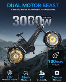 TESWAY X7 AWD Electric Bike 3000W Peak Motor 52V 60Ah Battery 60km/h Max Speed 20x4.0'' Fat Tires Hydraulic Brakes E-bike