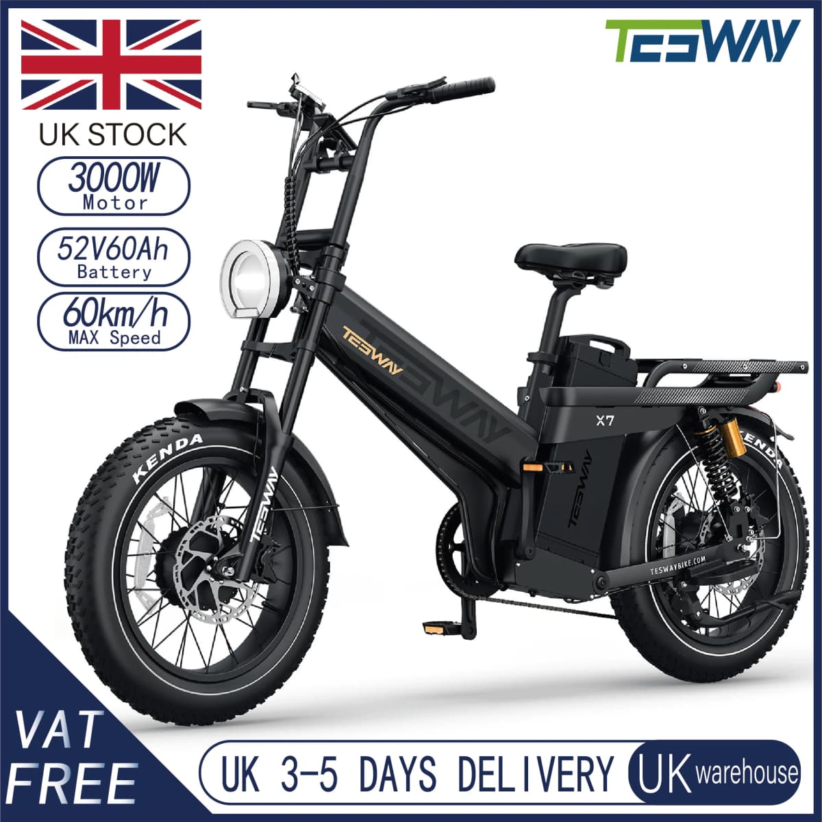 TESWAY X7 AWD Electric Bike 3000W Peak Motor 52V 60Ah Battery 60km/h Max Speed 20x4.0'' Fat Tires Hydraulic Brakes E-bike