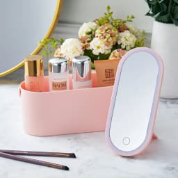 【Breeins】Portable Vanity Travel Makeup Box with LED Lighted Mirror, Pink / White