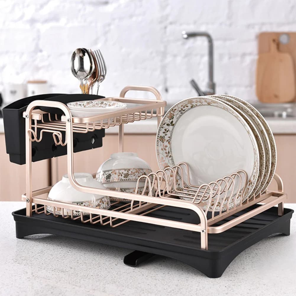 【Breeins】 2 Tier Aluminum Dish Storage Rack with Cutlery Holder Drain Hole