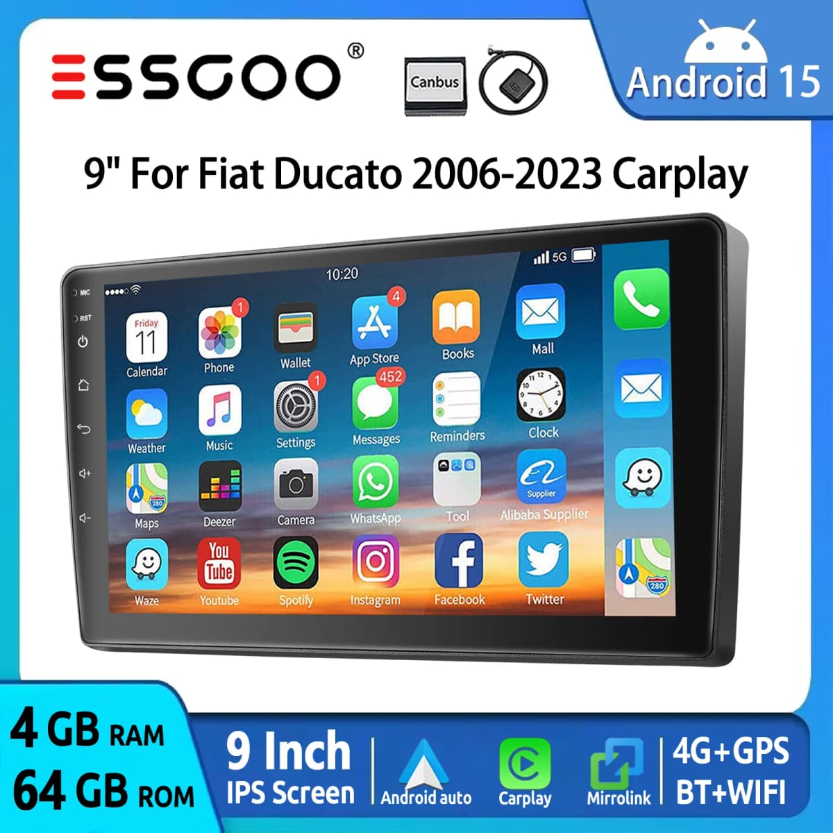 ESSGOO 9" Android 15 4+64G Car Stereo Radio For Fiat Ducato/Peugeot Boxer/Citro Carplay Android Auto GPS Navi FM RDS WiFi BT SWC