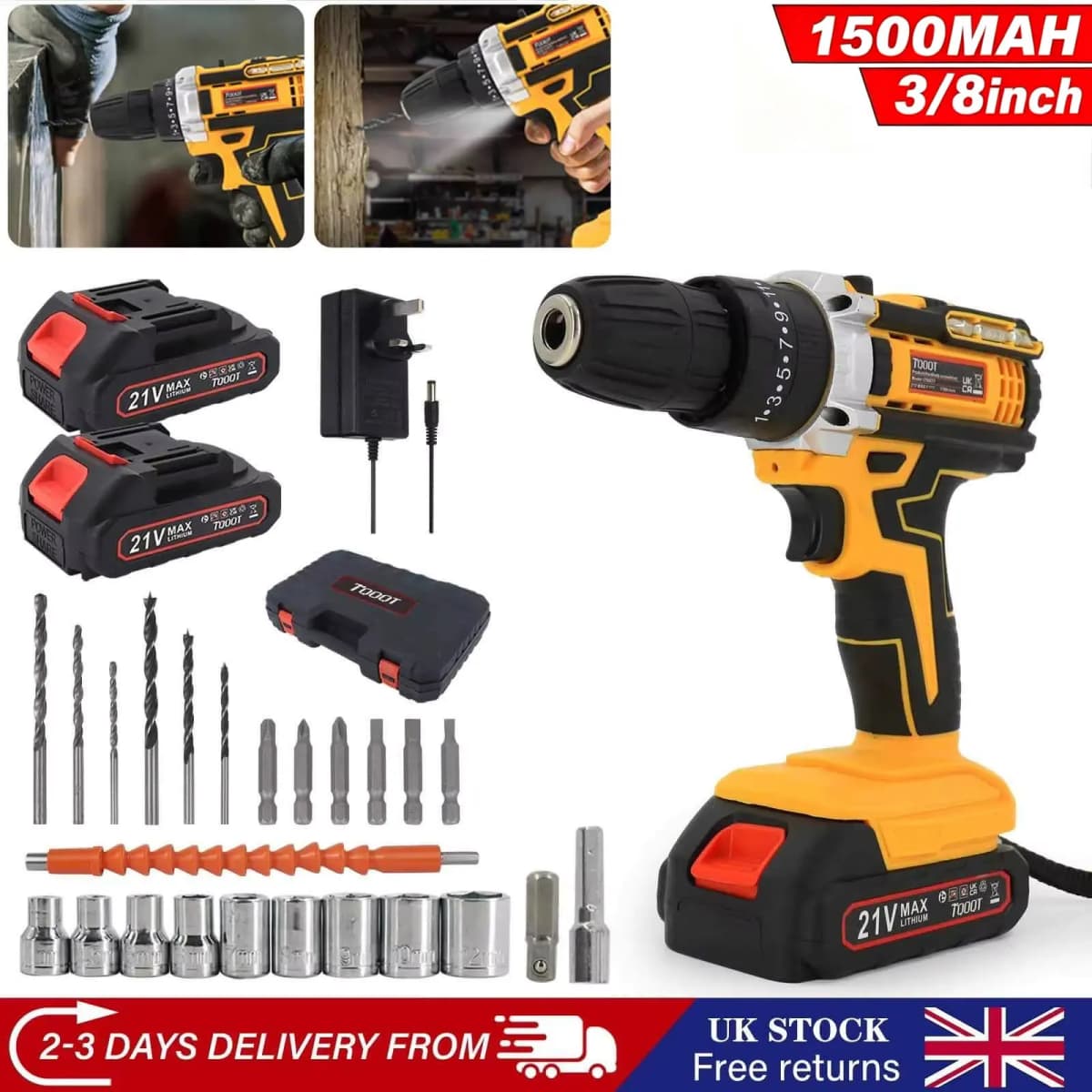 2 Battery Cordless Drill 21V Electric Screwdriver Set with 2 Batteries & Charger