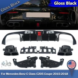 MagicKit Rear Bumper Diffuser Lip with LED Light for Mercedes Benz C205 Sport Coupe C43 C63 AMG 2015-2018 with Exhaust Pipes