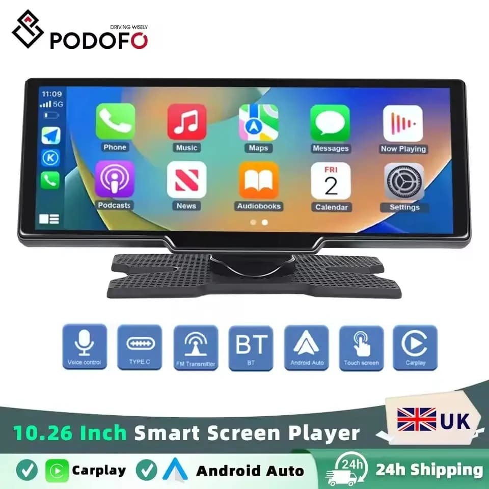 Podofo Wireless Carplay Portable Digital Dashboard Android Auto 10.26 Inch Smart Player With Voice Control 1080P BT TF