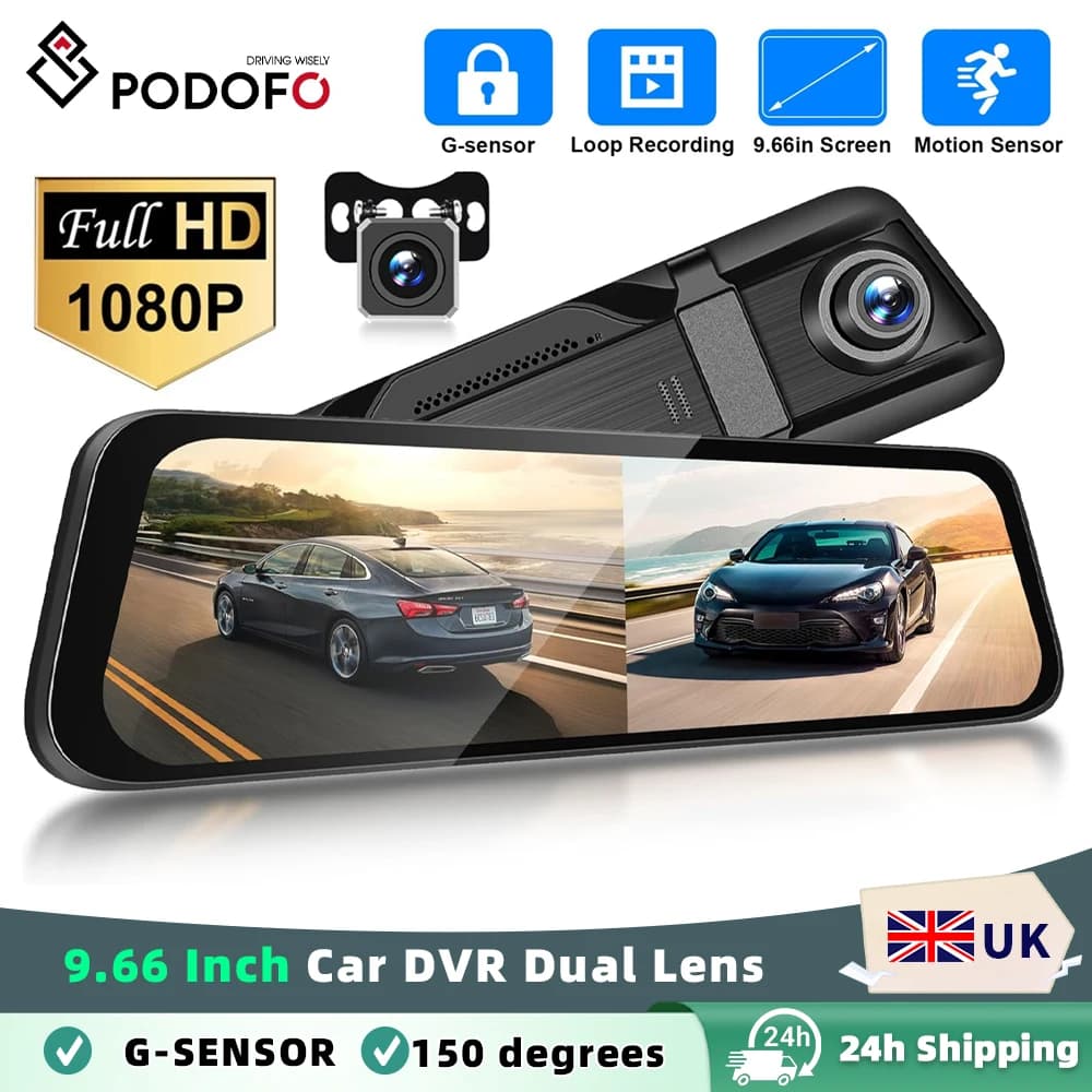 Podofo 9.66 Inch Rearview Mirror Recorder 1080p Automobile Dash Cam Video Recorder DVR Dash Cam Cycle Dual Lens