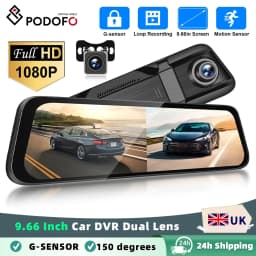 Podofo 9.66 Inch Rearview Mirror Recorder 1080p Automobile Dash Cam Video Recorder DVR Dash Cam Cycle Dual Lens