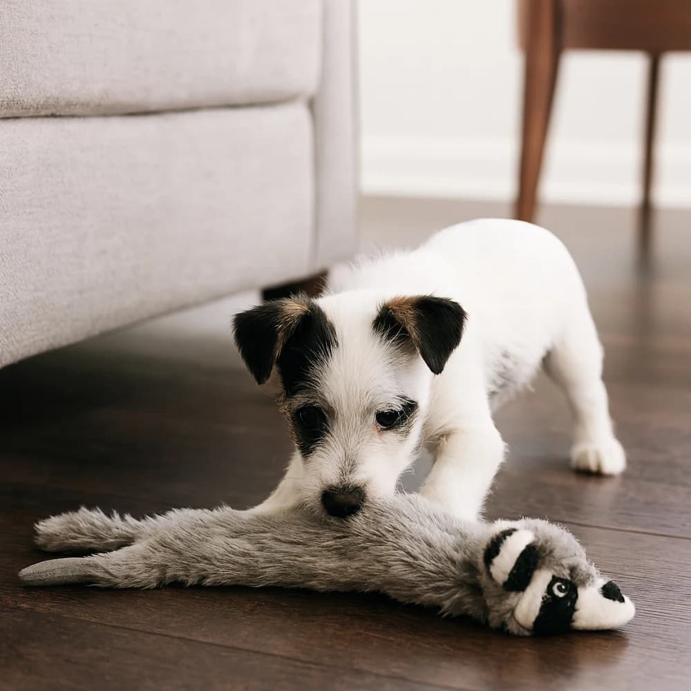 Fluffy Squeaking Raccoon Dog Toy Soft Plush Chew Toy with Dual Squeakers, Interactive Play Toy for Dogs and Puppies