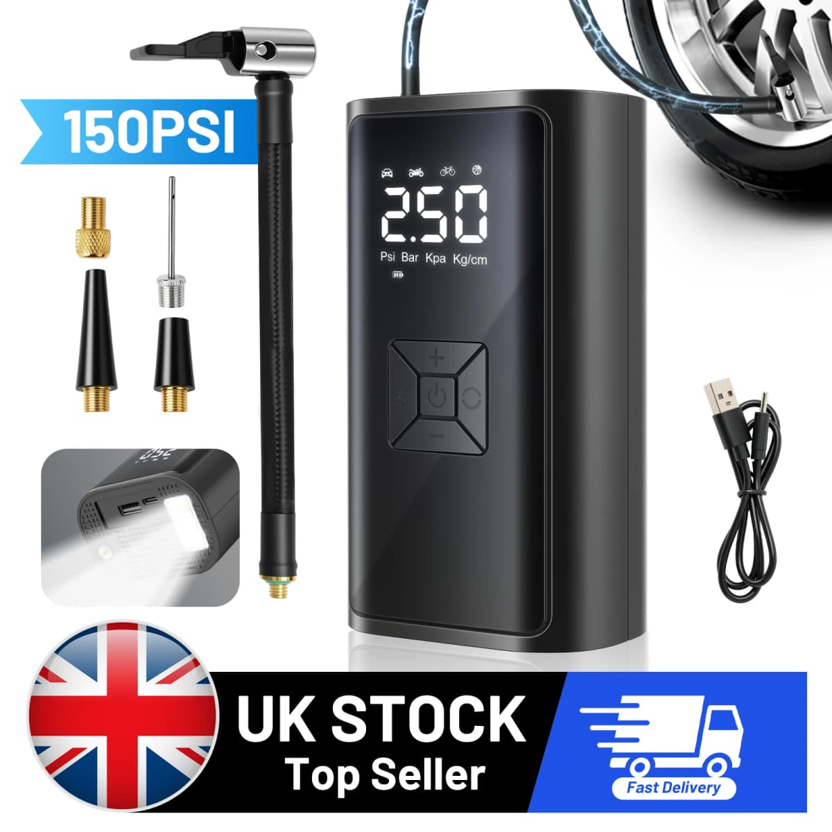 150PSI Cordless Air Pump 12V Tire Air Compressor LED Light USB Rechargeable Full-Screen Digital for Car Motorcycle Bicycle