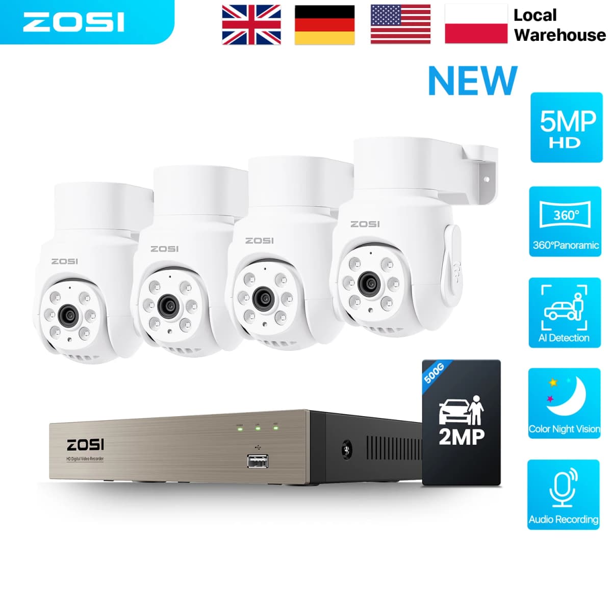 ZOSI 5MP/2MP 360°View Wired Security Camera System Audio Recording Pan Tilt Surveillance Cameras In/Outdoor H.265+ 8CH CCTV DVR