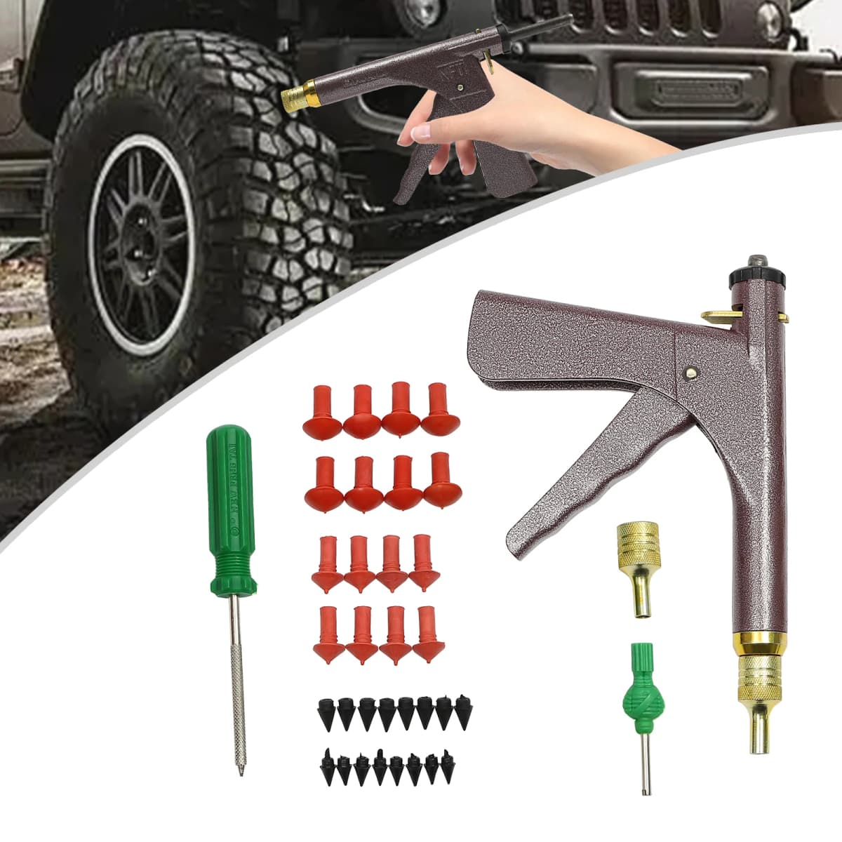 Tyre Repair Kit,Tire Puncture Repair Kit Vacuum Tyre Repair Gun w/16 Mushroom Plugs Portable Durable for Cars Motorcycles Truck