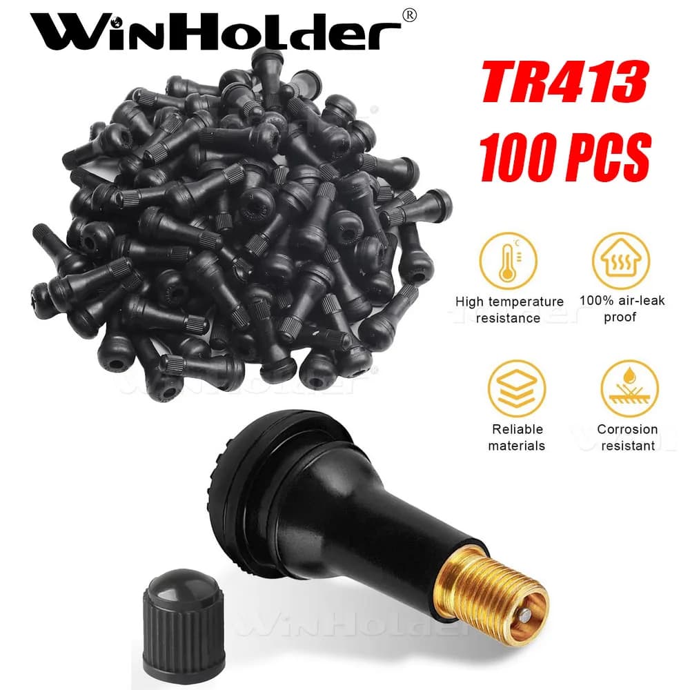 100x TR413 Tubeless Tyre Valves &Dust Caps Rubber Snap In Car Bike Wheel Kit