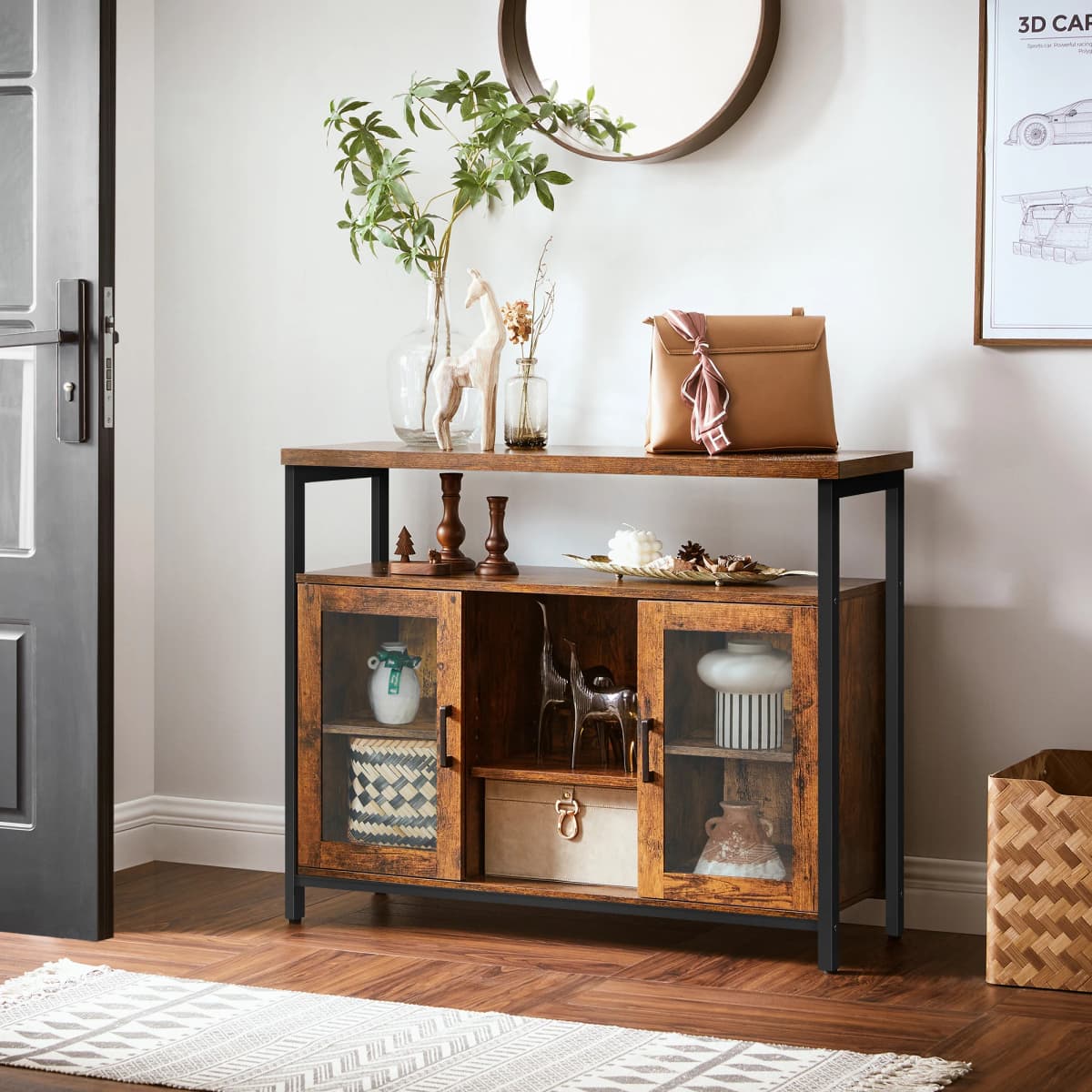 VASAGLE Sideboard, Buffet Table with 2 Transparent Glass Doors, TV Cabinet, with Adjustable Shelves