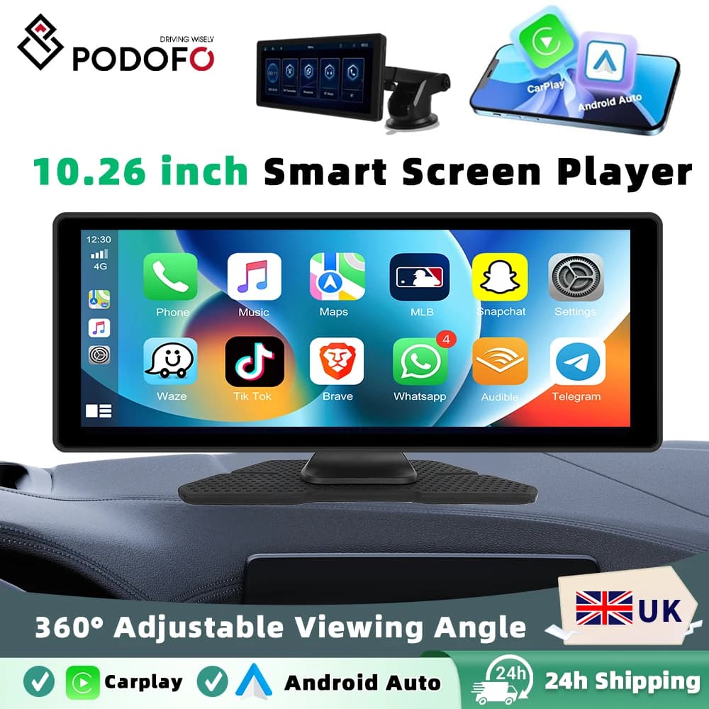 Podofo 10.26-inch Wireless Carplay Android Auto MP5 Portable Smart Player Supports AirPlay Android Cast Support CVBS Camera