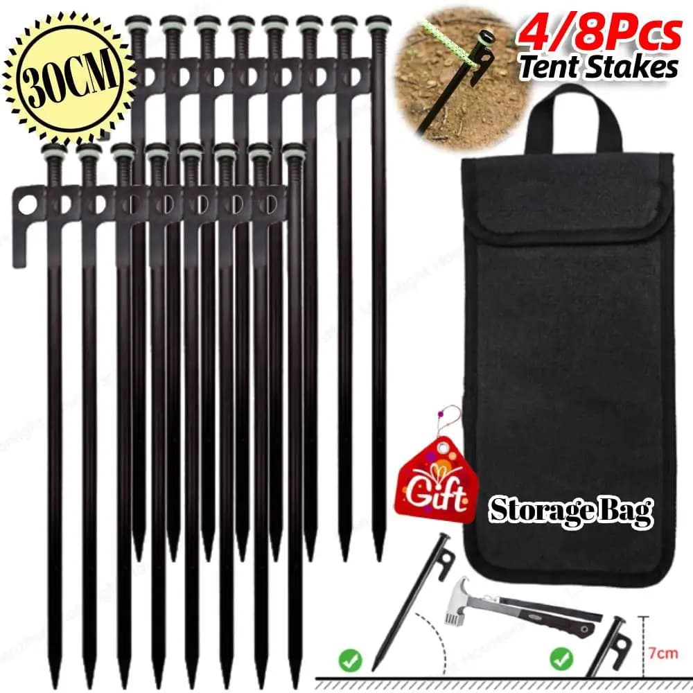 4/8Pcs Tent Stakes Forged Steel Tent Pegs Heavy Duty Ground Stakes 30cm Camping Tent Spikes with Storage Bag for Outdoor Camping