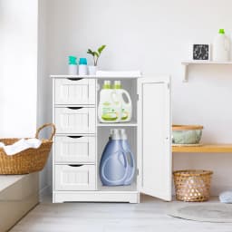 4-Drawer Bathroom Storage Cabinet with Door – Floor Standing Wooden Cupboard, White Chest of Drawers for Bathroom Organization