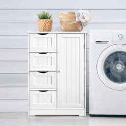 4-Drawer Bathroom Storage Cabinet with Door – Floor Standing Wooden Cupboard, White Chest of Drawers for Bathroom Organization