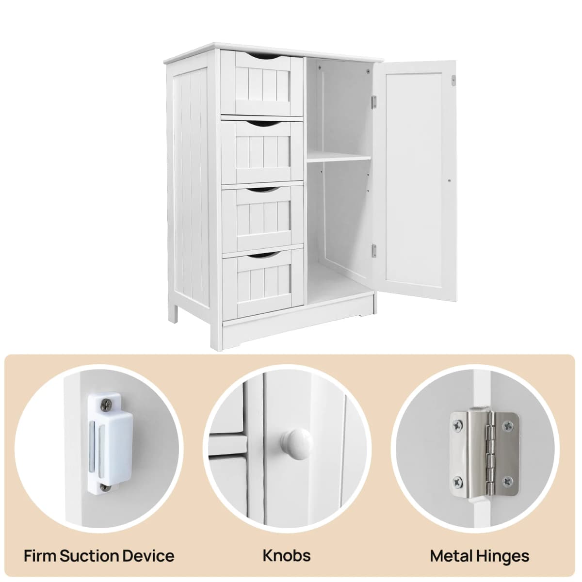 4-Drawer Bathroom Storage Cabinet with Door – Floor Standing Wooden Cupboard, White Chest of Drawers for Bathroom Organization
