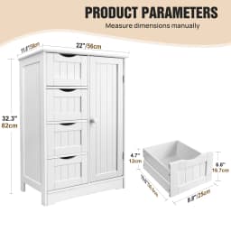 4-Drawer Bathroom Storage Cabinet with Door – Floor Standing Wooden Cupboard, White Chest of Drawers for Bathroom Organization