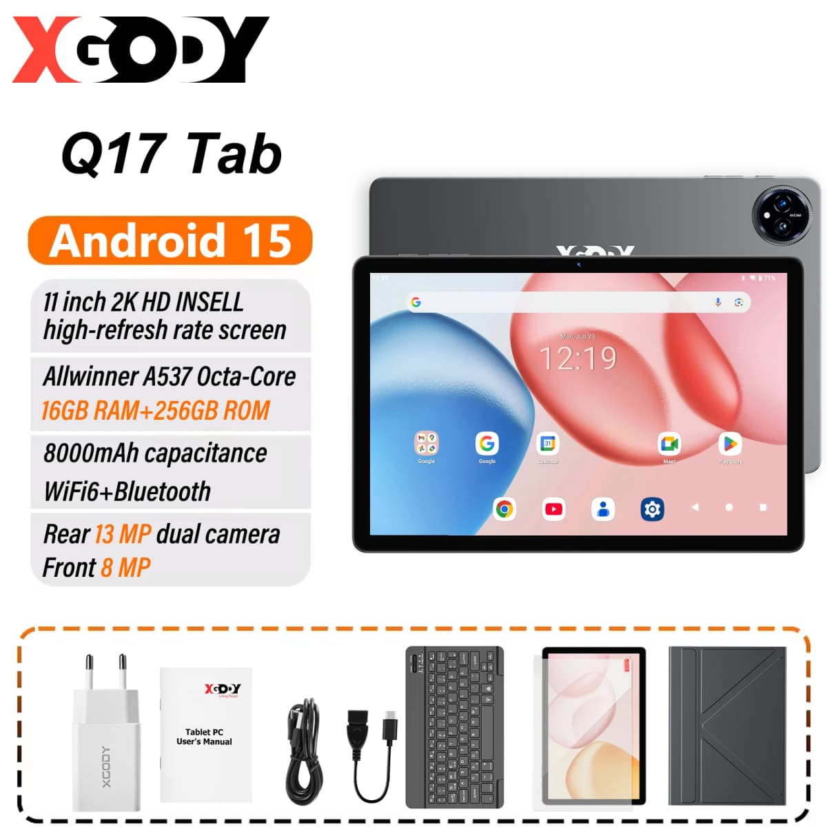 XGODY Q17 Android 15 Tablet Octa-Core CPU 11 inch 2K HD Touch Screen 16GB RAM 256GB ROM Android 15 5G WiFi6 8000mAh Dual Camera