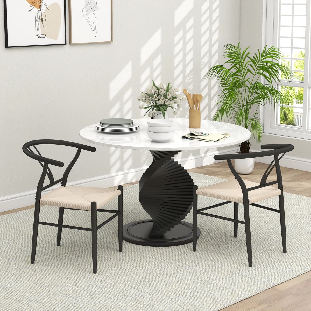 HOMCOM Weave Dining Chairs Set of 2 with Y-Shaped Backrest Hemp Seat Black