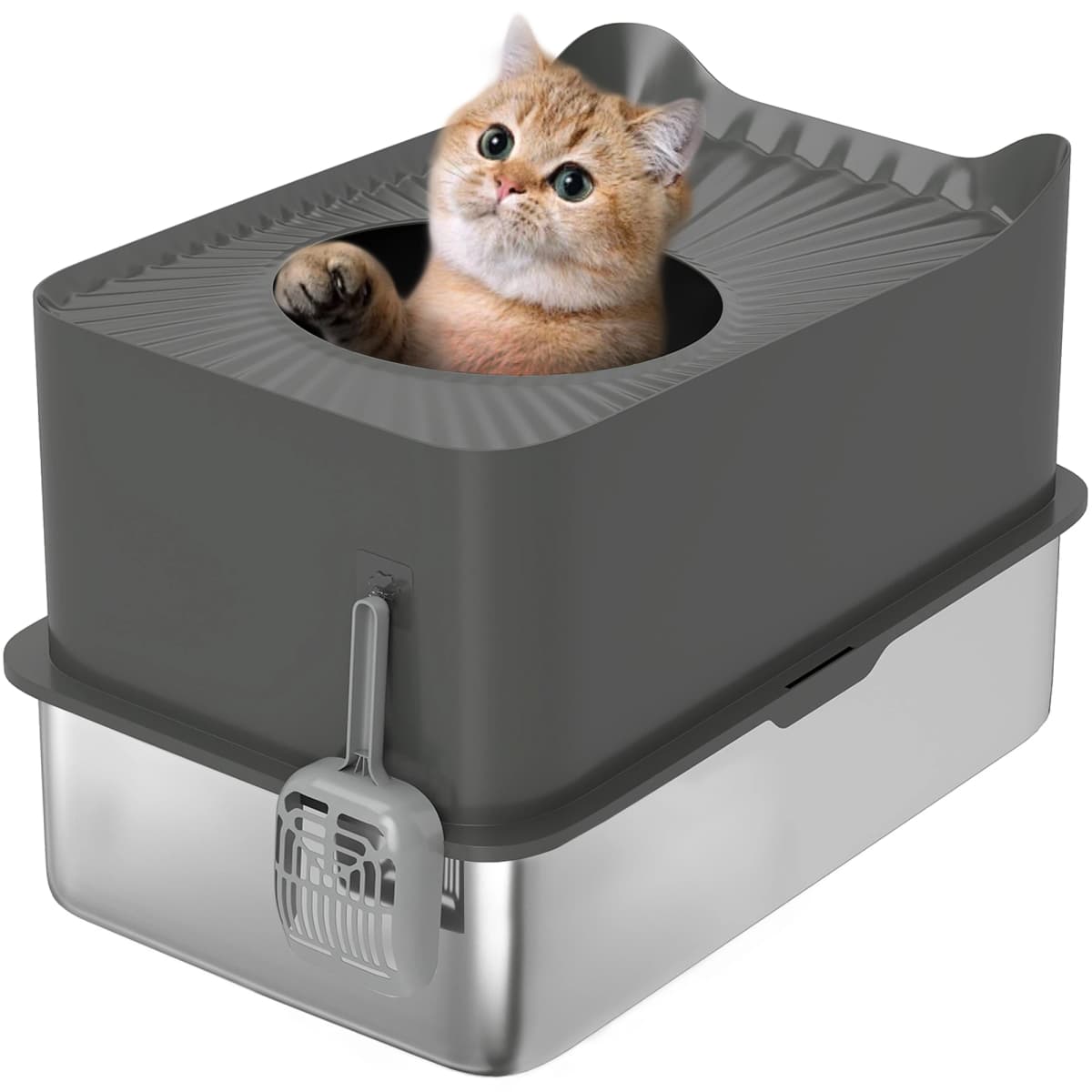 PawHut Stainless Steel Cat Litter Box, Enclosed Metal Litter Tray, Dark Grey