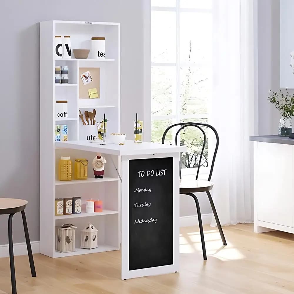 Wall Mount Desk Cabinet with Open Storage Shelf, 2-in-1 Foldable Computer desk dining table with writing blackboard, White