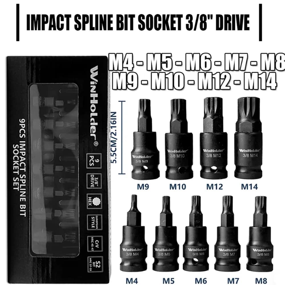 9pcs Impact Spline Bit Socket Set 3/8" Drive M4 - M14 CR-V Steel Set M4 - M5 - M6 - M7 - M8 - M9 - M10 - M12 - M14 Tools