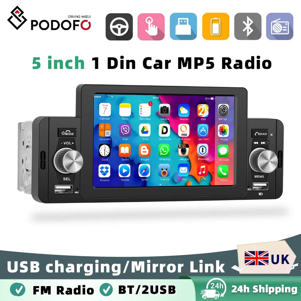 Podofo Car Radio CarPlay&Android-Auto BT Handsfree Mirror Link MP5 Player USB Audio System Head Unit 1 Din 5" Player