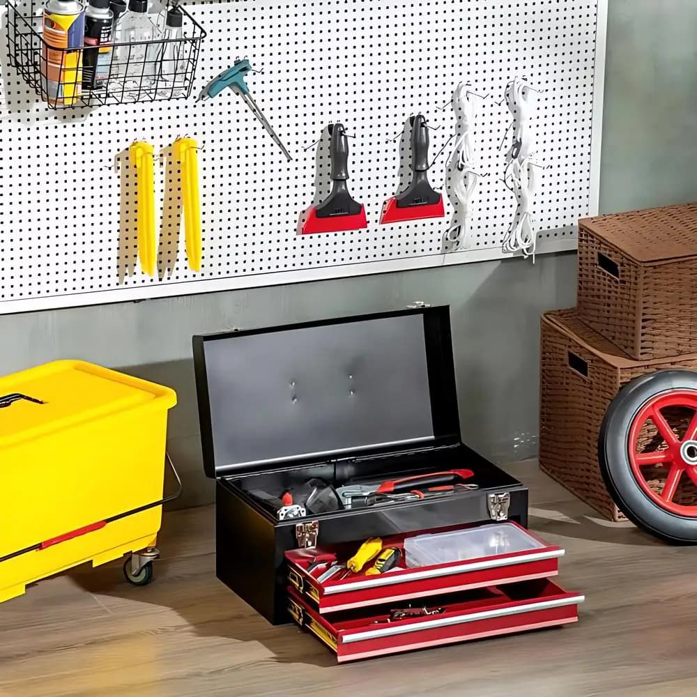 3 Layers Multifunctional Thickened Metal Tool Box Household Hardware Tools Box Lockable Tool Cabinet Portable Storage, Red+Black