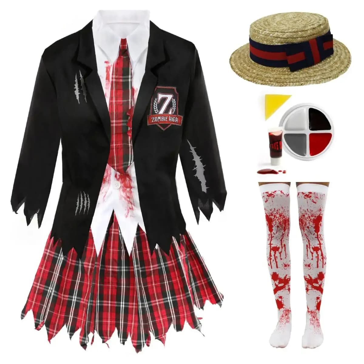 Ladies Deluxe Zombie Schoolgirl Costume Set – Halloween Outfit with Blazer, Shirt, Skirt, Hat, Stockings & Face Paint