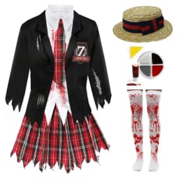Ladies Deluxe Zombie Schoolgirl Costume Set – Halloween Outfit with Blazer, Shirt, Skirt, Hat, Stockings & Face Paint