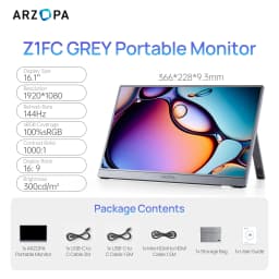 ARZOPA 16.1 inch 144Hz 1920*1080 Portable Monitor 106% SRGB IPS Gaming Mini Monitor for Office/Laptop/Mac/Switch/PS4 Z1FC Grey