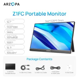 ARZOPA 16.1 inch 144Hz 1920*1080 Portable Monitor 106% SRGB IPS Gaming Mini Monitor for Office/Laptop/Mac/Switch/PS4 Z1FC Grey