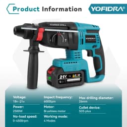 YOFIDRA 26MM Brushless Electric Hammer Drill Multifunctional Rotary Cordless Rechargeable Power Tools For Makita 21V Battery Pin