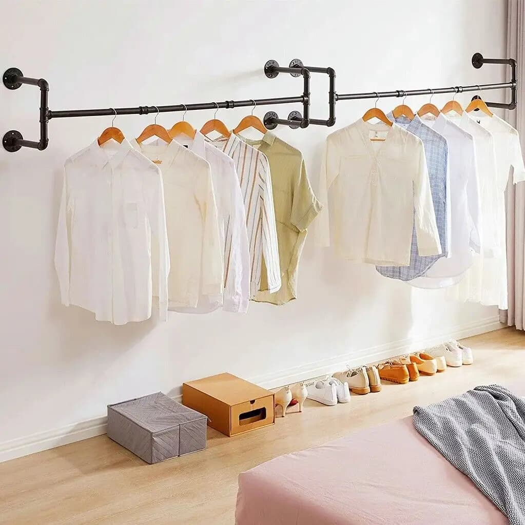 Wall Mounted Industrial Pipe Clothes Rack Garment Hanging Rail Bar for Home Organization Black Metal Pipe Clothing Storage