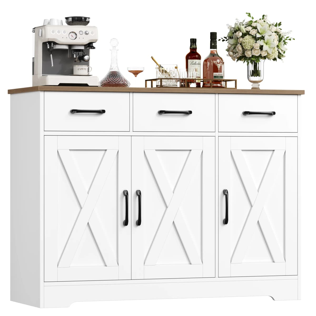 Sideboard, Kitchen Storage Cabinet with 3 Drawers and 3 Doors for Kitchen, Buffet Cabinet with Countertop, for Dining Room, Living Room, Hol