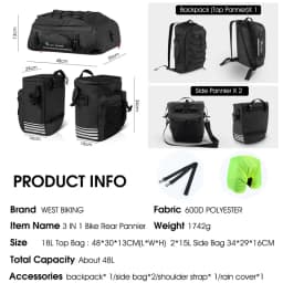 WEST BIKING 3 In 1 Cycling Pannier 48L Large Capacity Bicycle Bag Waterproof MTB Mountain Bike Rear Seat Trunk Bags Backpack