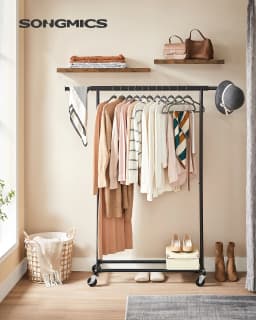 SONGMICS Clothes Rack on Wheels, Heavy Duty Clothes Rail, with Extendable Hanging Rail, 90 kg Load Capacity, Portable