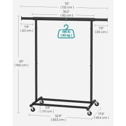 SONGMICS Clothes Rack on Wheels, Heavy Duty Clothes Rail, with Extendable Hanging Rail, 90 kg Load Capacity, Portable