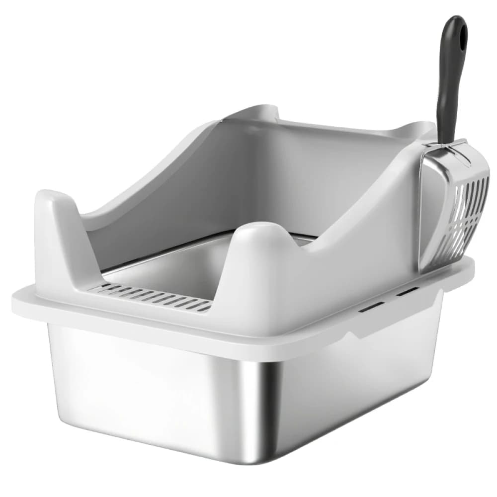 PINGGO Stainless Steel Cat Litter Box with High Sides, Metal Scoop, 43 X 33 X 25 cm, Simple, Comfortable, and Hygienic