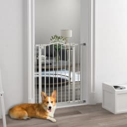 PINGGO Metal Pet Safety Gate Dog Gate Folding Fence 74-87cm, Easy To Install and Adjustable Broadband White