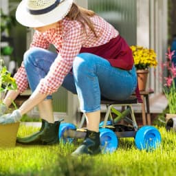 PINGGO Garden Cart with Wheels, Garden Stool Trolley with Tool Tray, Rolling Garden Seat for Weeding, Planting, Blue