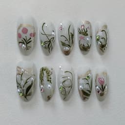 24Pcs Flora Almond Press on Nails with Glue Mori Girl Nail Art Ballet Rural Style Full Cover Wearable Acrylic Nail Manicure Tips