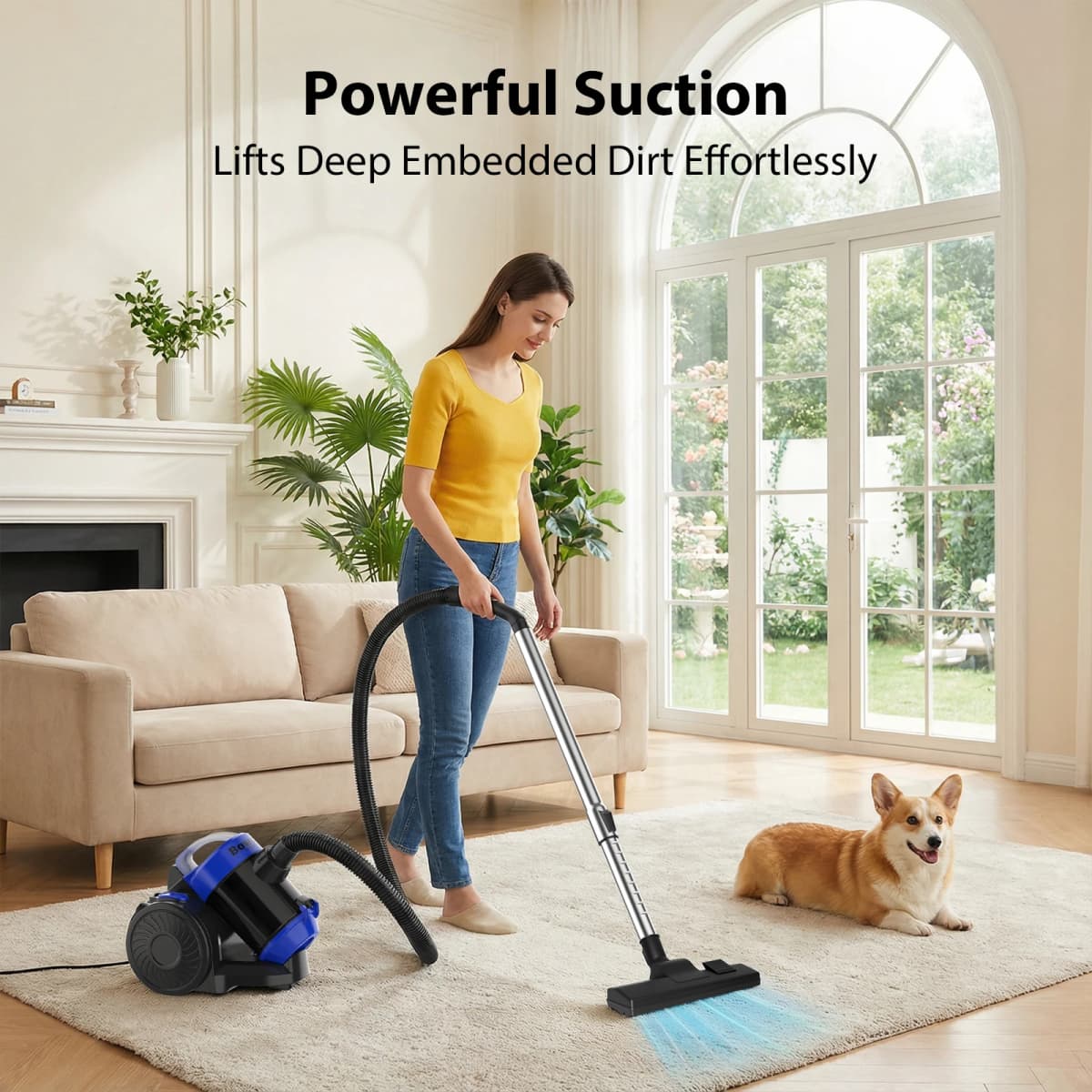 Bagless Vacuum Cleaner, 5000W Pet Hair Bagless Vacuum Cleaner Cylinder Carpet Cleaner with HEPA Filter, Long Reach, 3 In 1 Brush