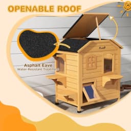 Cat House Outdoor, Weatherproof Wooden Cat Enclosure for Feral Cats, Openable Roof, Jumping Platforms, Natural Wood Finish