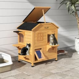 Cat House Outdoor, Weatherproof Wooden Cat Enclosure for Feral Cats, Openable Roof, Jumping Platforms, Natural Wood Finish